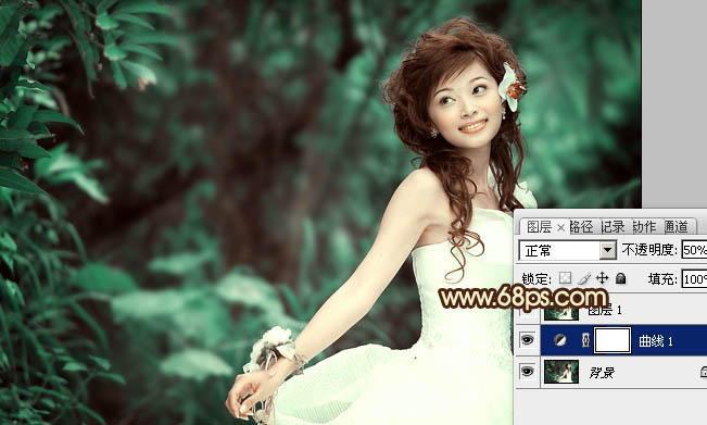 Photoshop将树林美女图片调成甜美的青褐色