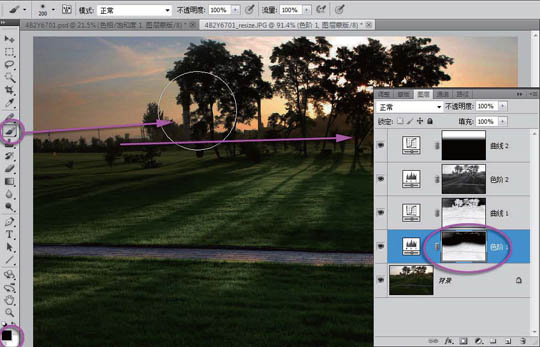 Photoshop为偏暗的树林朝霞图片完美修复成暖色效果
