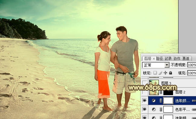 Photoshop将海滩情侣图片调成温馨的暖色调效果