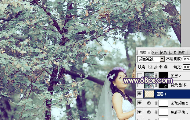 Photoshop制作古典青褐色效果的树林婚片