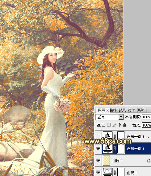 Photoshop为树林美女婚片增加漂亮的橙红色