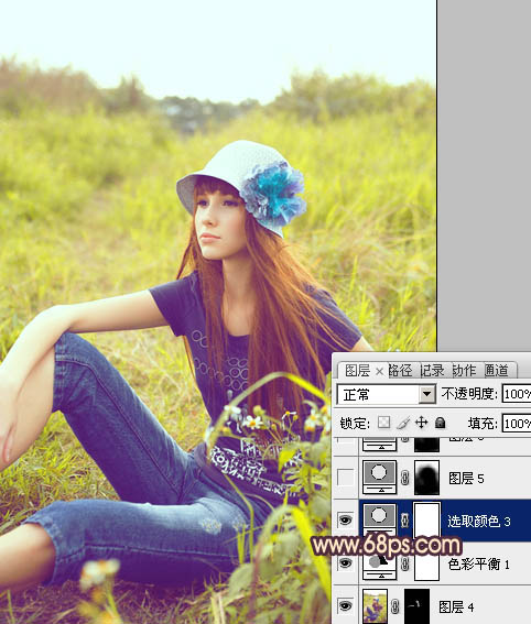 Photoshop将草地美女图片调成鲜艳的蓝黄色