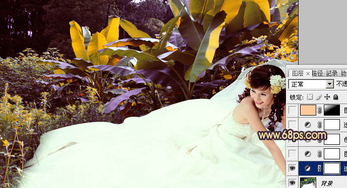 Photoshop将外景美女婚片调成甜美的橙紫色