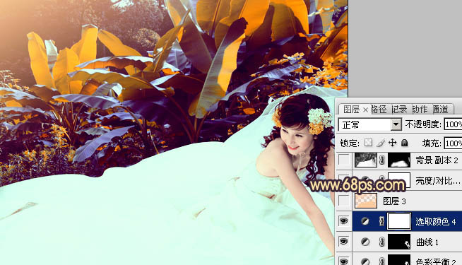 Photoshop将外景美女婚片调成甜美的橙紫色
