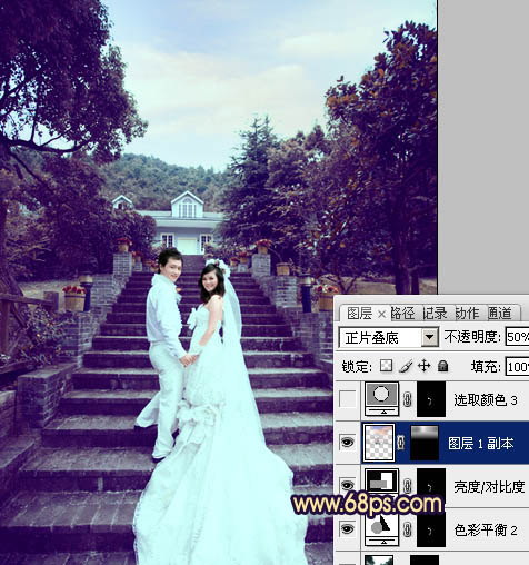 Photoshop为公园婚片加上柔美的暗调蓝紫色效果