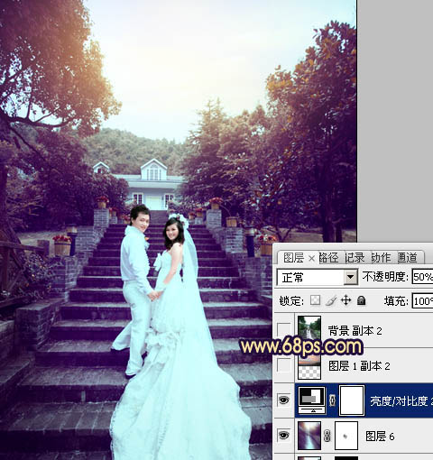 Photoshop为公园婚片加上柔美的暗调蓝紫色效果