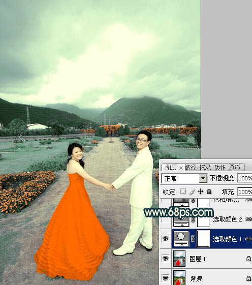 Photoshop为外景婚片打造出古典青绿色效果