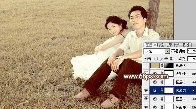 Photoshop将草地情侣图片调制出纯美的秋天黄褐色效果
