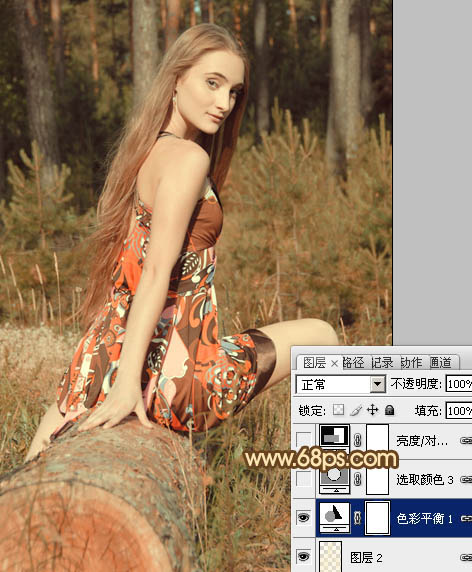 Photoshop将树林美女图片调成淡淡的橙色调