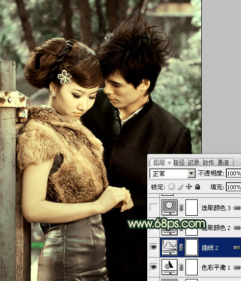 Photoshop给外景情侣图片调制出古典青黄色效果