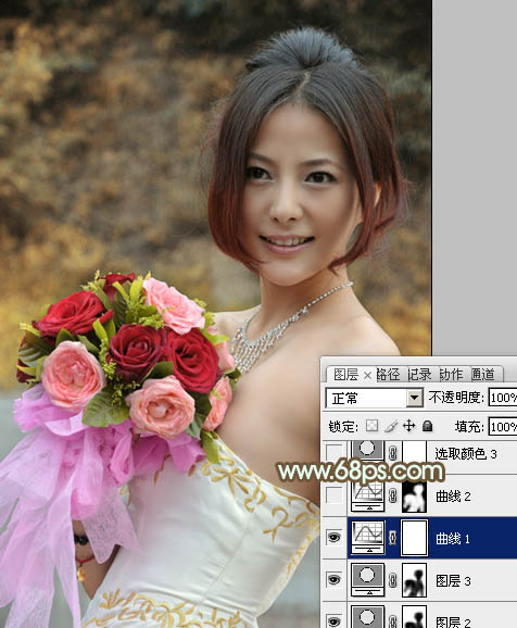 Photoshop将美女婚片调出柔美的秋季黄褐色效果