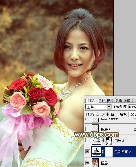 Photoshop将美女婚片调出柔美的秋季黄褐色效果