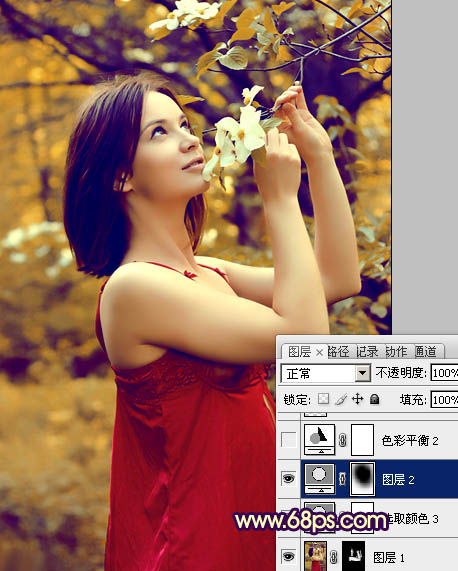 Photosho将外景美女图片打造出漂亮的秋季特色的橙黄色效果