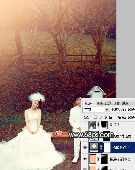Photosho将公园婚片调制出漂亮的暗红色