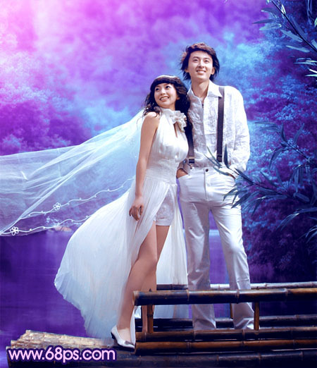 Photosho将河景婚片调制出梦幻的蓝紫色