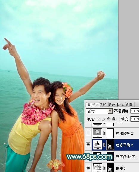 Photosho为海景情侣图片加上艳丽的青黄色