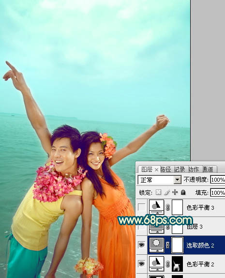 Photosho为海景情侣图片加上艳丽的青黄色