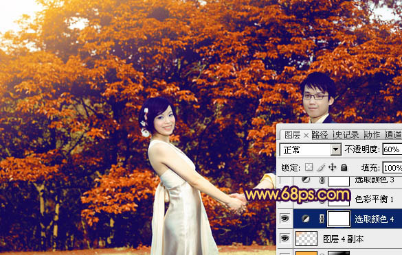 Photosho将树林情侣图片调成灿烂的橙红
