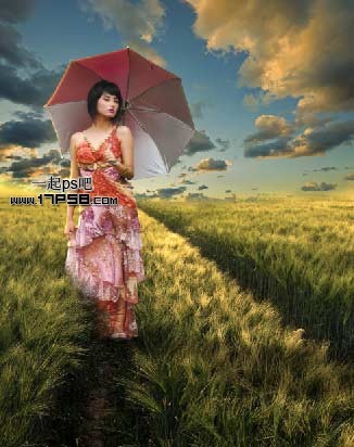 photoshop合成美女走在草原上的夏天场景