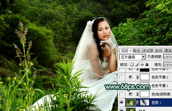 Photoshop将外景婚片打造出柔美的古典暗绿色效果