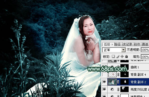 Photoshop将外景婚片打造出柔美的古典暗绿色效果