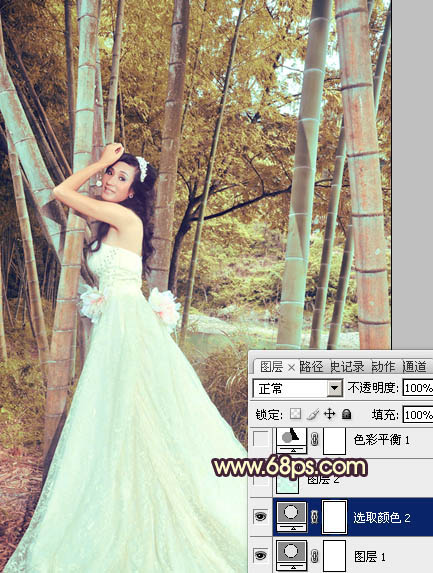 Photoshop将竹林婚片打造出柔和的黄褐色效果