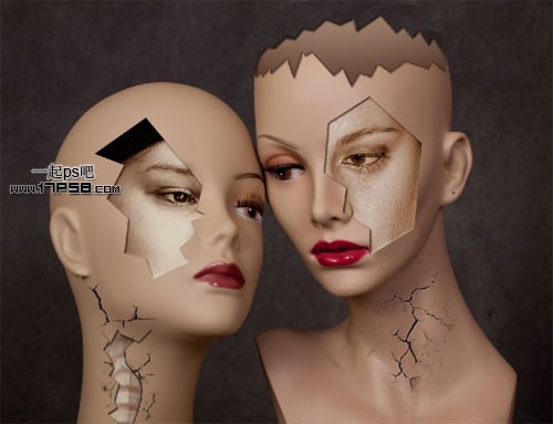photoshop将美女模特头像制作成破裂的雕像效果教程