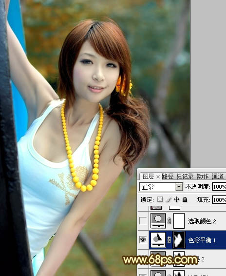 Photoshop将公园美女图片调制出甜美的青红色效果
