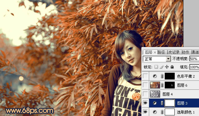 Photoshop将竹林美女图片调制出甜美的橙红色效果