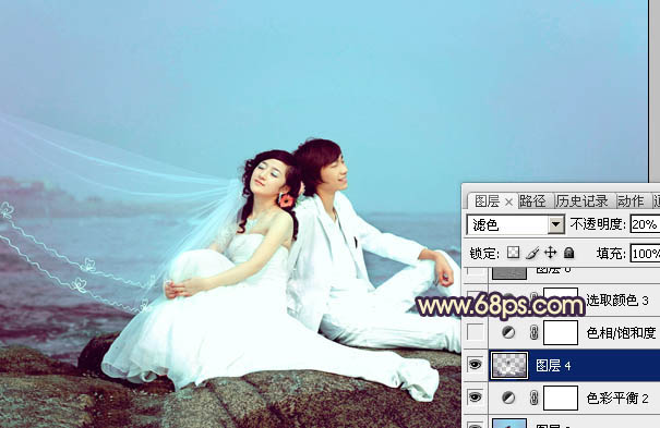 Photoshop将蓝色海景婚片调制出淡雅的青紫色效果