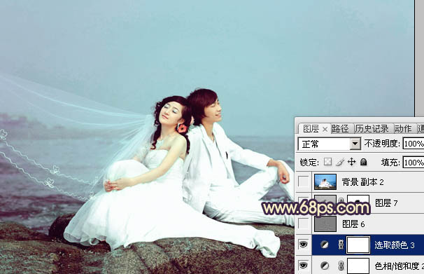 Photoshop将蓝色海景婚片调制出淡雅的青紫色效果