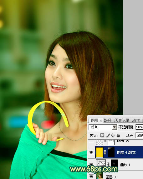 Photoshop将室内美女图片调制出流行的甜美黄青色效果