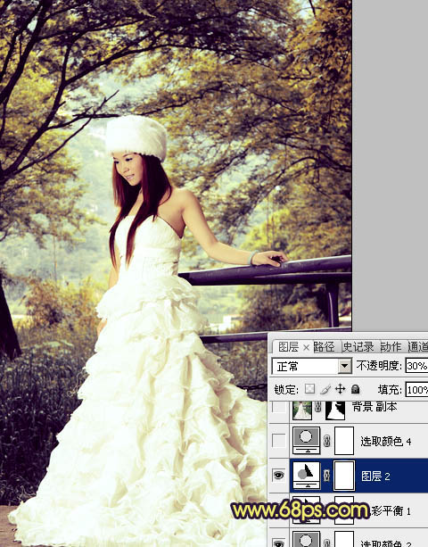 Photoshop将树林美女婚片调制成梦幻的黄蓝色
