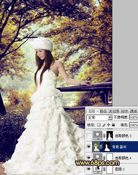Photoshop将树林美女婚片调制成梦幻的黄蓝色