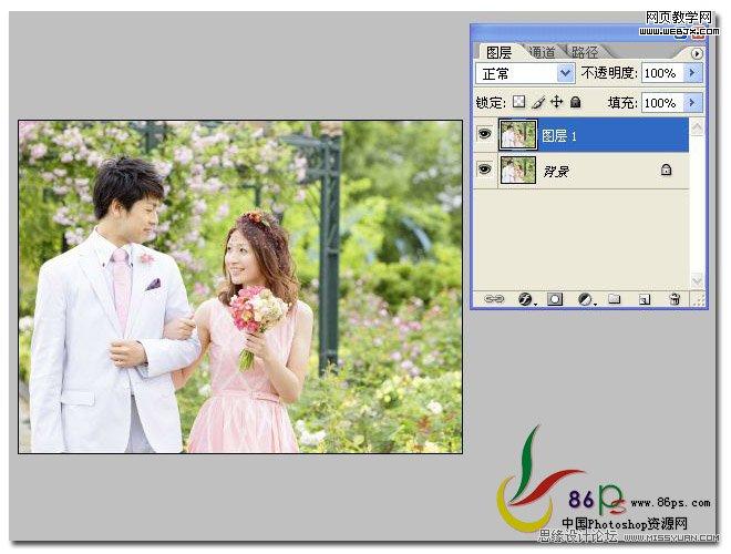 photoshop将外景婚片调制成柔美淡紫色调的实例教程