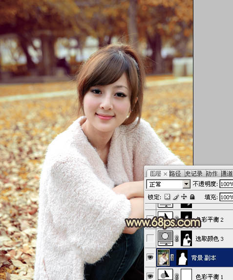 Photoshop将公园美女图片调制出甜美的黄褐色效果