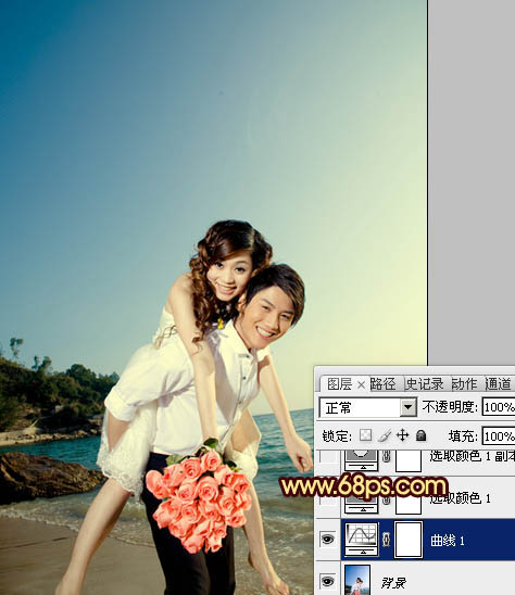 Photoshop将蓝色海景婚片调制成漂亮的晚霞阳光效果