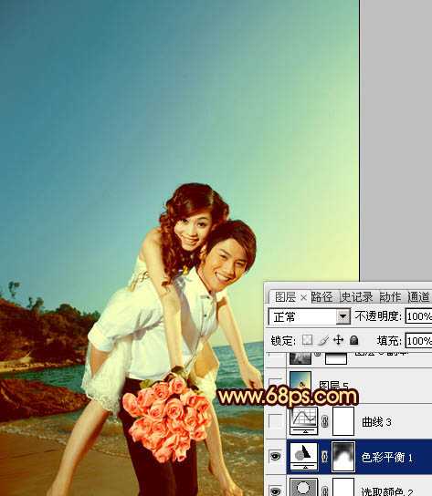 Photoshop将蓝色海景婚片调制成漂亮的晚霞阳光效果