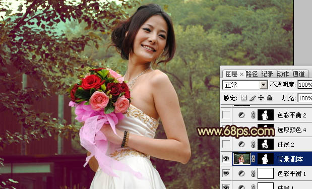 Photoshop将外景婚片打造出流行的青褐色效果
