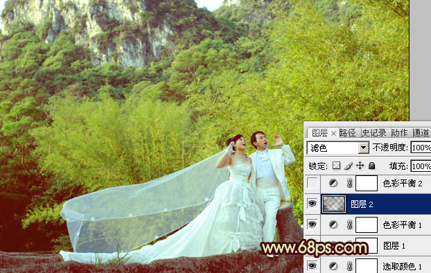 Photoshop将竹林婚片调制出粉嫩的黄青色效果
