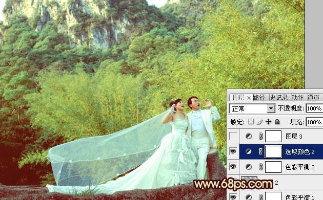 Photoshop将竹林婚片调制出粉嫩的黄青色效果