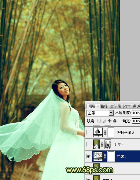 Photoshop将竹林婚片调制出漂亮的古典黄绿色效果