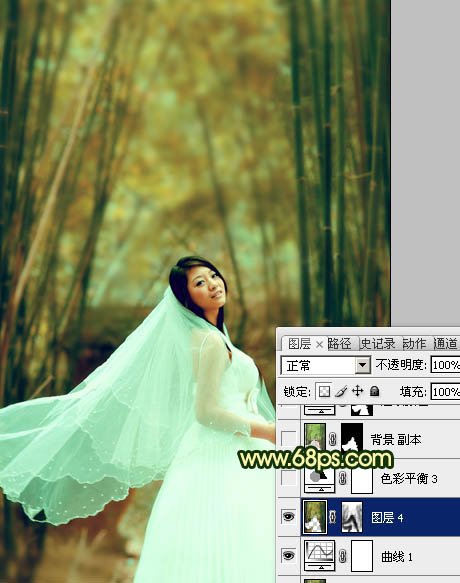 Photoshop将竹林婚片调制出漂亮的古典黄绿色效果