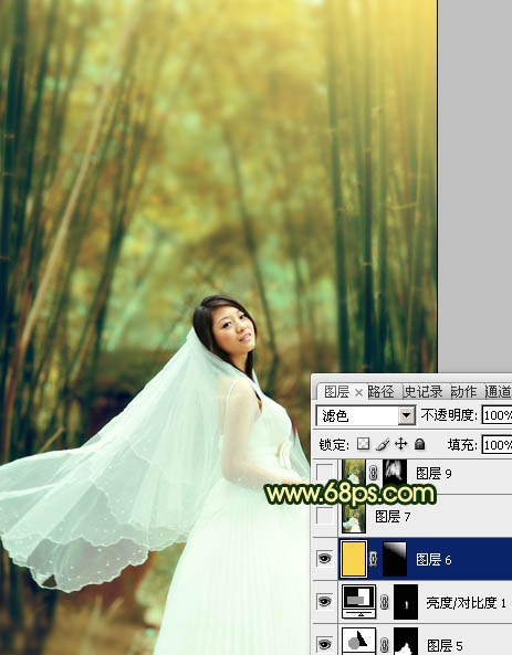 Photoshop将竹林婚片调制出漂亮的古典黄绿色效果