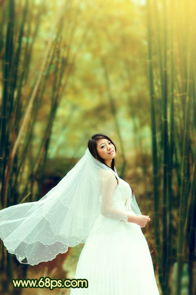 Photoshop将竹林婚片调制出漂亮的古典黄绿色效果