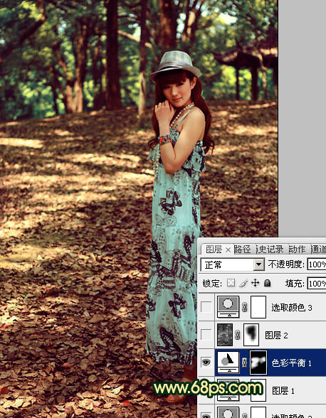 Photoshop将树林美女图片调成柔和的暗调红青色