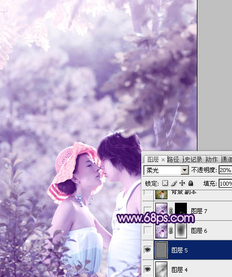 Photoshop树林人物图片调制出流行的淡雅柔美的日韩粉蓝色效果