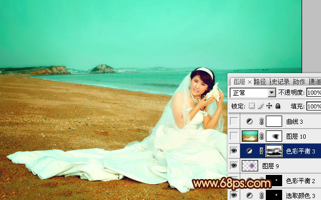 Photoshop将沙滩美女婚片调制出柔美的青黄色效果