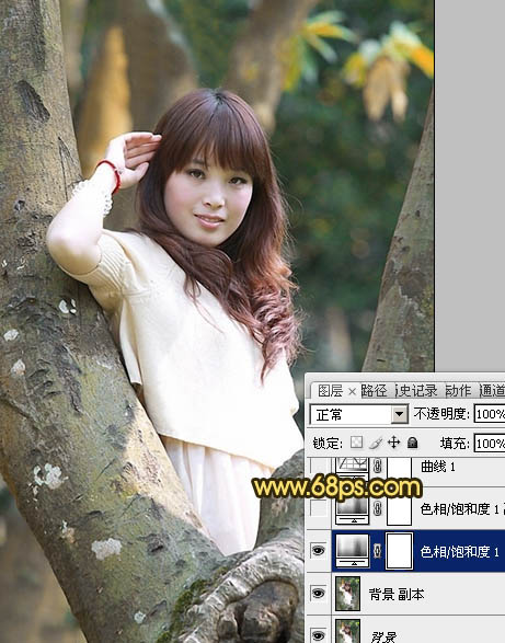 Photoshop将树林写真人物图片调制出柔美的红褐色效果