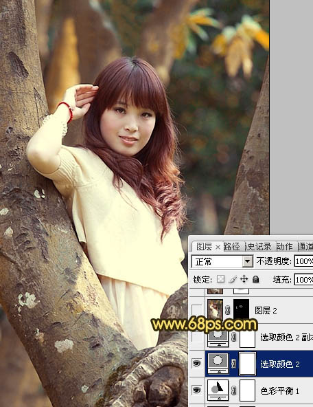 Photoshop将树林写真人物图片调制出柔美的红褐色效果
